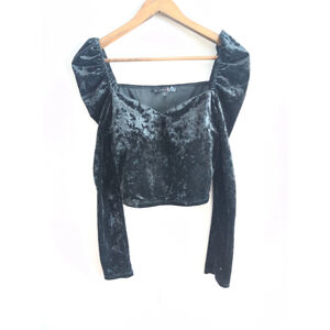 Wild Cat Babydoll Black Velvet Long Sleeve Cropped Top Women Sz L Gothic Fairy